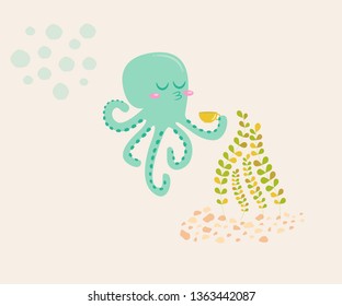 On the illustration is a cartoon octopus. Octopus drinking tea. It is turquoise in color. Above him are bubbles. Near seaweed at the bottom of the sea. The octopus is happy in his good mood.