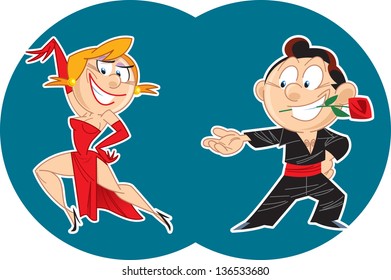On the illustration, couple, man and woman dance a tango. Vector illustration done in cartoon style on separate layers.