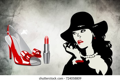 On the illustration, the design of an advertising banner with accessories for fashion, footwear, cosmetics and the silhouette of a stylish woman wearing a hat in contrast to black and red