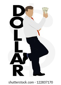 on the image the businessman with dollars is presented