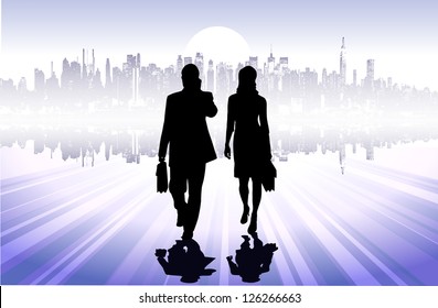 on the image the group of businessmen against the megalopolis is presented