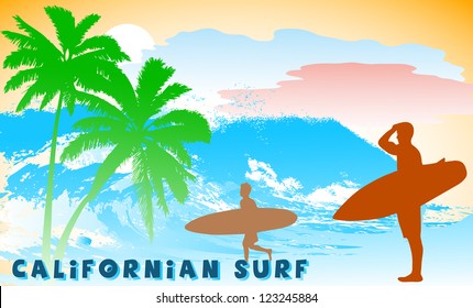 on the image the ocean coast with the surfer is presented