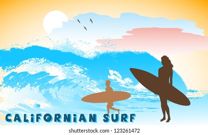 on the image the ocean coast with the surfer is presented