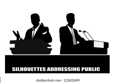 on the image the politician before a microphone is presented