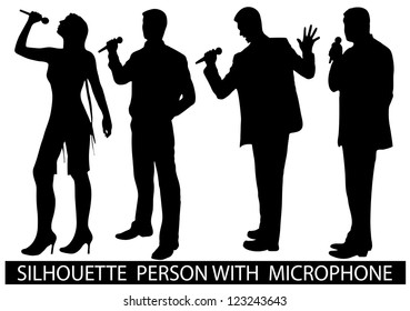 on the image are presented a silhouette of people with a microphone