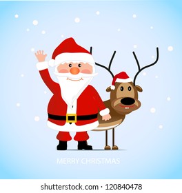 on the image Santa Claus with a cheerful deer is presented