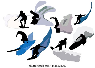 on the image the silhouette of surfers is presented