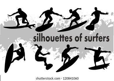 on the image the silhouette of surfers is presented