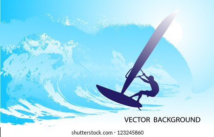 on the image the surfer on waves is presented