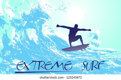 on the image the surfer on waves is presented