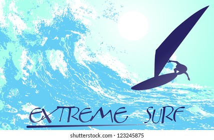 on the image the surfer on waves is presented