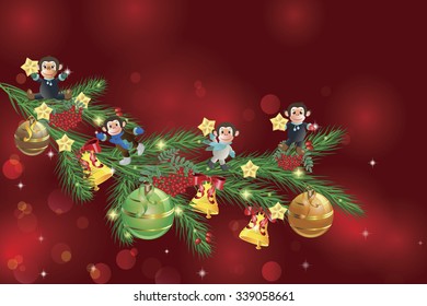 On an isolated glowing background depicts decorations Christmas decorations fir branch with monkeys sitting on it. Vector illustration