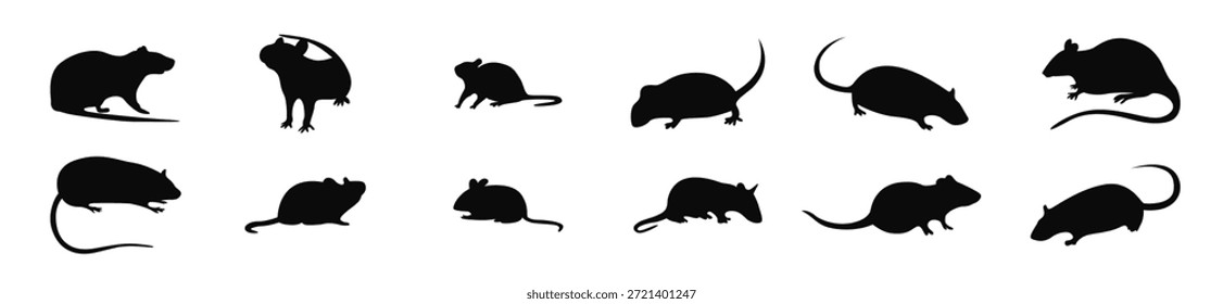 Em fundo branco isolado com silhuetas de rato de rato, um grande pacote de silhuetas modernas, ilustração vetorial.