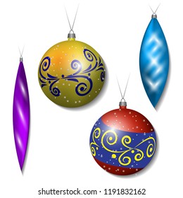 On an isolated white background multi-colored Christmas tree toys icicles and balls