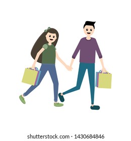 On an isolated white background are two people, a guy and a girl, dressed in trendy clothes. They bought a lot of things and are happy from shopping, carrying a bunch of multi-colored packages.