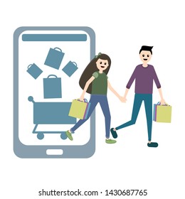 On an isolated white background two people, a guy and a girl dressed in fashionable clothes. They bought things in the online store and enjoy shopping, carrying a bunch of colorful packages.