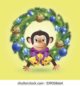 On isolated yellow background depicts a monkey looking out the holiday, Christmas wreath decorated with holiday decorations. Vector illustration