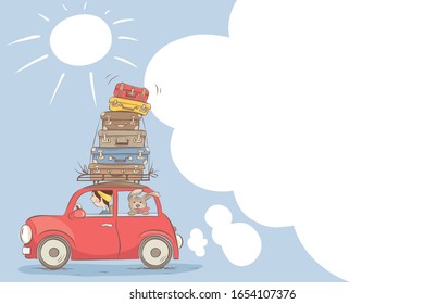 On a journey with a friend and all luggage / Girl goes on a journey with a dog , funny vector illustration with empty space.