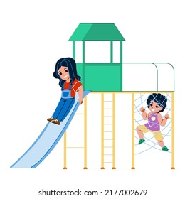 On Jungle Gym Playing Children Boy And Girl Vector. Little Preschooler Kids Play And Enjoy Game On Jungle Gym. Characters Infant Resting On Playground Together Flat Cartoon Illustration