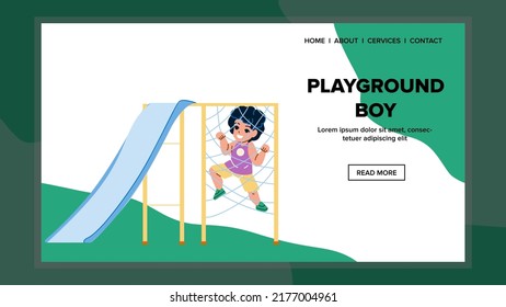 On Kindergarten Playground Boy Playing Vector. Cheerful Preschooler Kid Activity Time On Playground. Character Infant Recreation And Enjoyment Outside Web Flat Cartoon Illustration