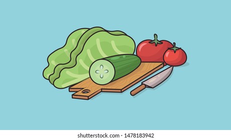 on the kitchen board is a chopped cucumber, salad and tomatoes, next to it is a knife