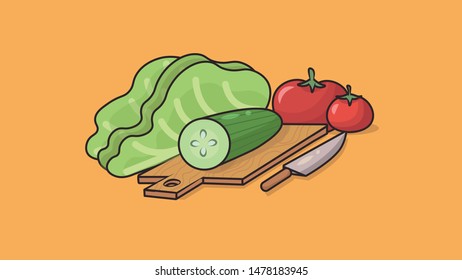 on the kitchen board is a chopped cucumber, salad and tomatoes, next to it is a knife