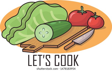 on the kitchen board is a chopped cucumber, salad and tomatoes, next to it is a knife. Let's cook poster