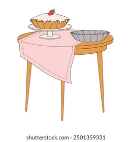 on the kitchen table there is a strawberry cake on a cake stand and a cake pan
