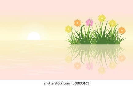 On the lake flower landscape vector illustration