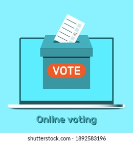 On the laptop screen, the ballot box for voting. The concept of online elections. Vector illustration.