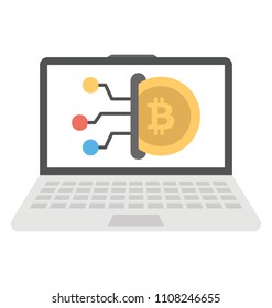 On a laptop screen a bitcoin icon is waving and developing from nodes this whole icon is representing online cryptocurrency 
