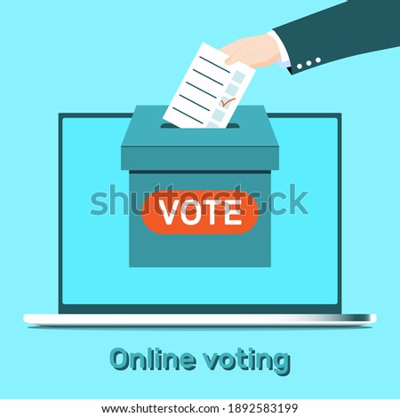 On the laptop screen, there is a ballot box in which a person puts their paper with a choice. The concept of online elections. Vector illustration.