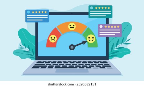 On the laptop screen, there is a customer satisfaction meter with a pointer and sad, neutral and smiling emojis. Next to it are comments from customers with five stars. Flat design vector.