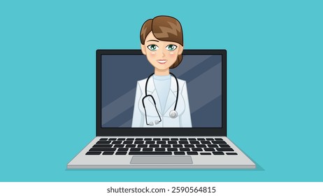 On the laptop screen there is a female doctor with brown hair, in a lab coat with a stethoscope. The figure is smiling and conducting an online consultation. Vector illustration.