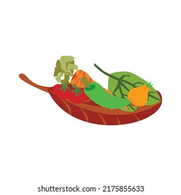 on a leaf-shaped plate, a vector illustration of various vegetables and fruits