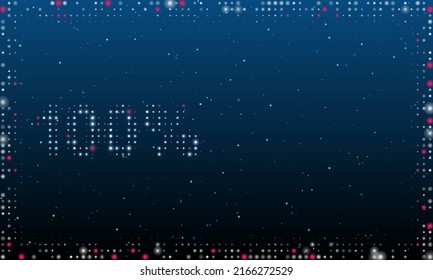 On the left is the 100 percent symbol filled with white dots. Pointillism style. Abstract futuristic frame of dots and circles. Some dots is pink. Vector illustration on blue background with stars