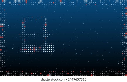 On the left is the 3D printer symbol filled with white dots. Pointillism style. Abstract futuristic frame of dots and circles. Some dots is red. Vector illustration on blue background with stars
