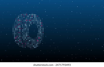 A la izquierda está el símbolo de filamento de impresión 3D lleno de puntos blancos. Patrón de fondo de puntos y círculos de diferentes tonos. Ilustración vectorial sobre fondo azul con estrellas