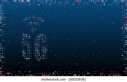A la izquierda está el símbolo 5G relleno de puntos blancos. Estilo de puntillismo. Resumen marco futurista de puntos y círculos. Algunos puntos son rojos. Ilustración vectorial sobre fondo azul con estrellas