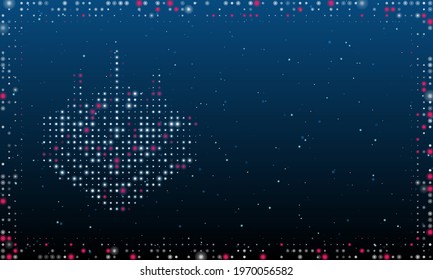 On the left is the absorbent symbol filled with white dots. Pointillism style. Abstract futuristic frame of dots and circles. Some dots is pink. Vector illustration on blue background with stars