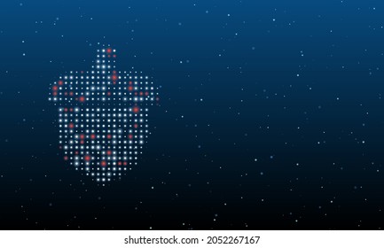 On the left is the acorn symbol filled with white dots. Background pattern from dots and circles of different shades. Vector illustration on blue background with stars