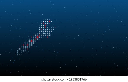 On the left is the adjustable wrench symbol filled with white dots. Background pattern from dots and circles of different shades. Vector illustration on blue background with stars