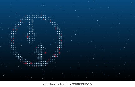 A la izquierda está la ventaja de un símbolo de tráfico que se avecina y que se llena de puntos blancos. Patrón de fondo de puntos y círculos de diferentes matices. Ilustración vectorial sobre fondo azul con estrellas