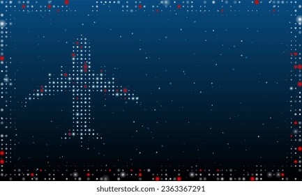 On the left is the airplane symbol filled with white dots. Pointillism style. Abstract futuristic frame of dots and circles. Some dots is red. Vector illustration on blue background with stars