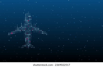 On the left is the airplane symbol filled with white dots. Background pattern from dots and circles of different shades. Vector illustration on blue background with stars