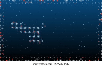 On the left is the angle grinder symbol filled with white dots. Pointillism style. Abstract futuristic frame of dots and circles. Some dots is red. Vector illustration on blue background with stars