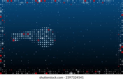 On the left is the angle grinder symbol filled with white dots. Pointillism style. Abstract futuristic frame of dots and circles. Some dots is red. Vector illustration on blue background with stars