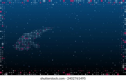 On the left is the angle grinder symbol filled with white dots. Pointillism style. Abstract futuristic frame of dots and circles. Some dots is pink. Vector illustration on blue background with stars