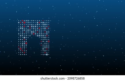 On the left is the arch symbol filled with white dots. Background pattern from dots and circles of different shades. Vector illustration on blue background with stars