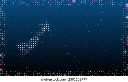 A la izquierda está el símbolo de flecha hacia arriba con puntos blancos. Estilo de puntillismo. Resumen marco futurista de puntos y círculos. Algunos puntos son rosas. Ilustración vectorial sobre fondo azul con estrellas